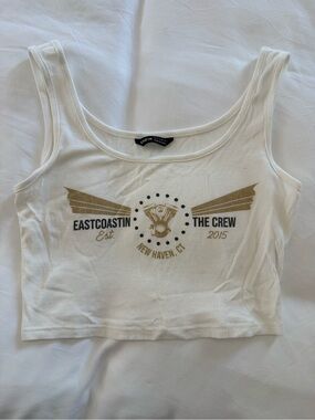 SHEIN White Ribbed Graphic Crop Tank with Gold Emblem